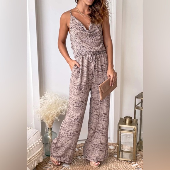 Main Strip Pants - NWT beige and black cowl neck‎ wide leg  Jumpsuit